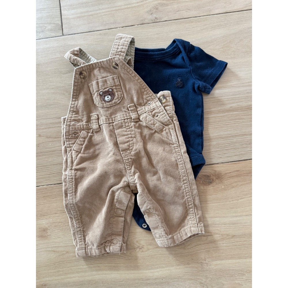 BabyGap Carters Baby Boys Tan Corduroy Bear Overalls Navy Bodysuit Set NB 0-3M